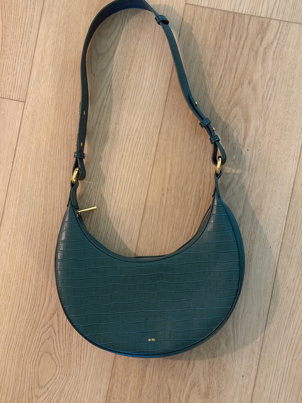 JW Pei Dark Green Croc-Embossed Crescent Shoulder Bag